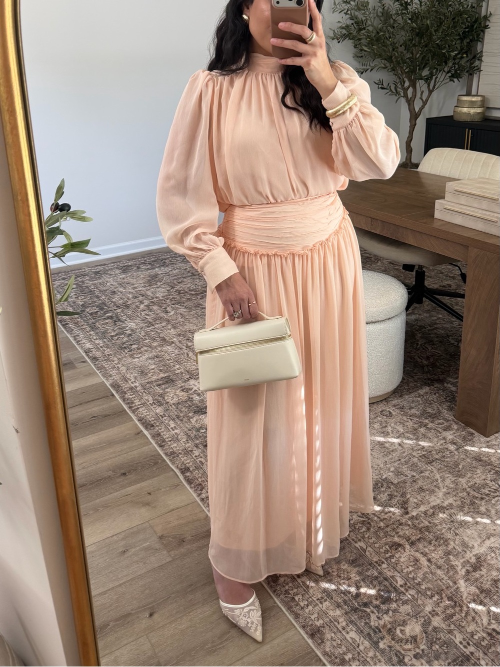 2 piece SET- light pink Long-Sleeve Chiffon top & flowy Maxi skirt (both lined)